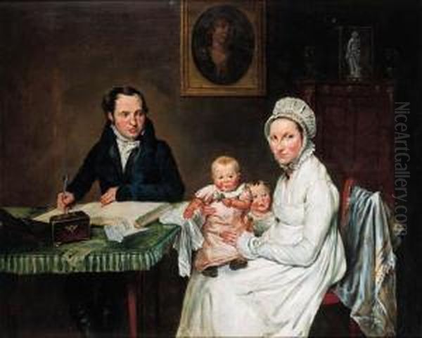 A Family Portrait: A Gentleman
Writing In A Book, His Wife Withtheir Two Children Seated Next To Him,
In An Interior - view 1