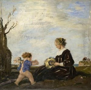 Dame Mit Blumenstrauss Und Putto by Adolf Hengeler