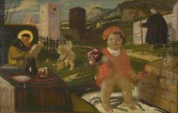 Monch, Engel Und Putto In Einer Landschaft. - view 1