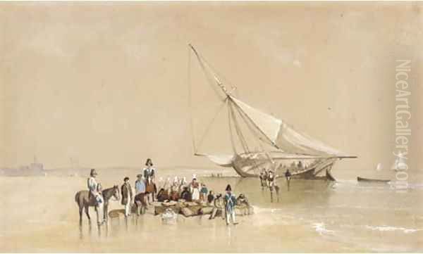 Unloading the supplies on the Breton coast, with customs men checking the cargo - view 1
