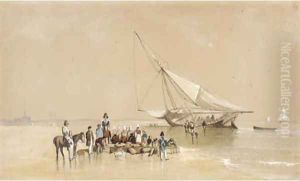 Unloading the supplies on the Breton coast, with customs men checking the cargo by George Bryant Campion