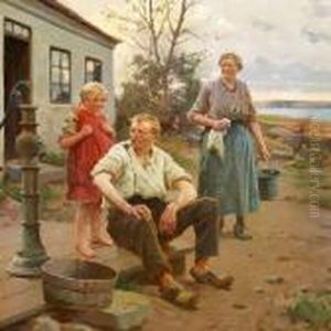 Farmer Family Gathering After The Day's Work by Erik Henningsen