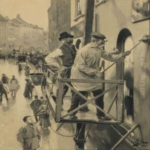 Street Scenery Fromcopenhagen, With Men Liming A Building