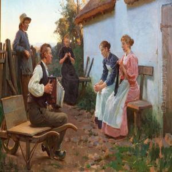 Summer Evening With Young People Listening To A Musician Playing The Accordion - view 1