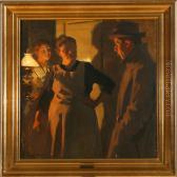 Three People Talkingin A Doorway In The Light From A Lamp - view 1