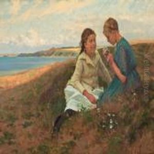 Two Girls Picking Flowers by Erik Henningsen