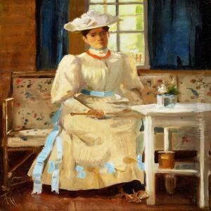 Interior With A Young Woman In A Light Summer Dress And A Largehat With Flowers by Frants Peter Didrik Henningsen