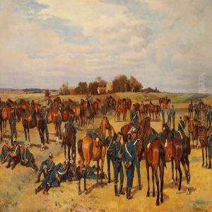 Landscape With Hussars And Their Horses Taking A Rest by Frants Peter Didrik Henningsen