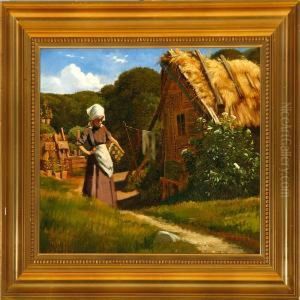 A Young Woman Carrying Wood Near A Farm