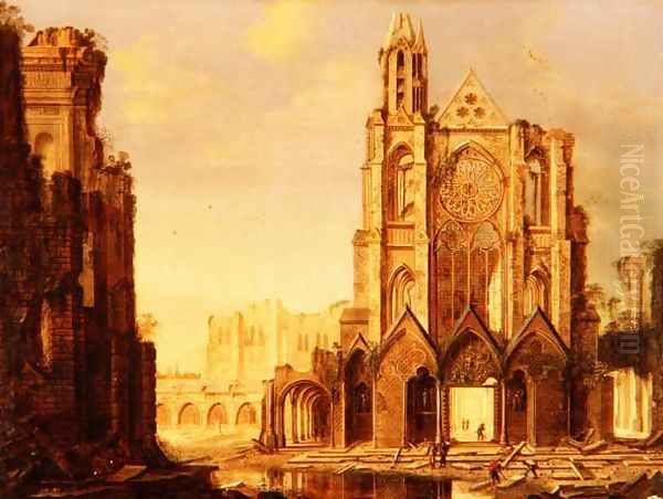 A ruined abbey with workmen - view 1