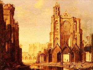 A ruined abbey with workmen