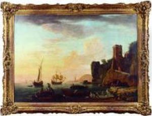 Navires Pres D'une Cote Rocheuse Animee De Pecheurs Navires Pres D'une Cote Rocheuse Animee De Pecheurs