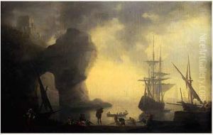 Pecheurs Sur Le Rivage Au Lever Du Jour by Jean Henry D'Arles