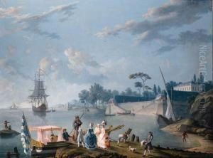 Elegant Figures About To Board A Ferry, A Chateau And Moored Man-o'war Beyond