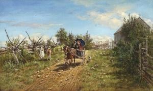Horse-drawn Carriage With Man In
 A Hat And Woman In A Bonnet, With Chicken And Dogs On One Side Of The 
Path And A Girl And Calf On The Other.