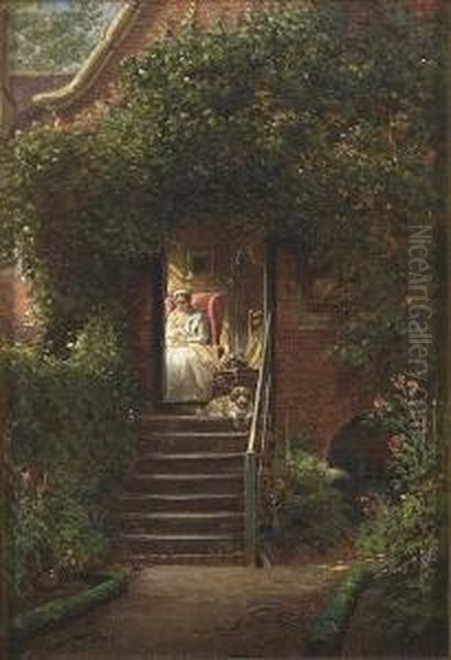 A Nursing Woman Insidehouse Viewed From The Outside Garden With A Dog Lying On The Steps - view 1