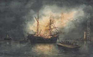 Navire En Feu A L'entree Du Port De Marseille