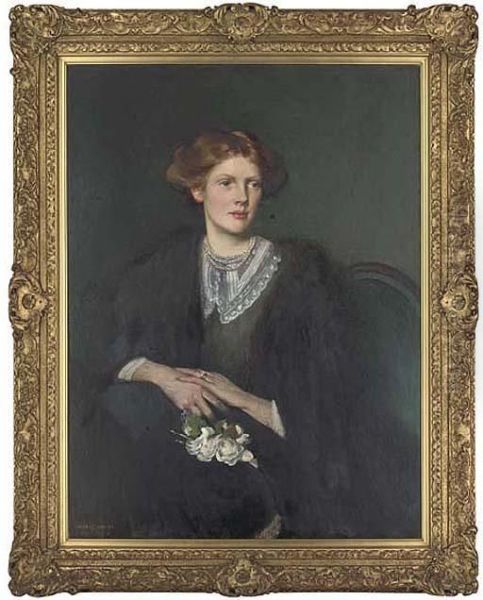 Portrait Of Audrey Innes, Nee
Broadwood, Wife Of John Alfred Innes,seated Three-quarter-length, In A
Lace Trimmed Dress And Furwrap - view 1