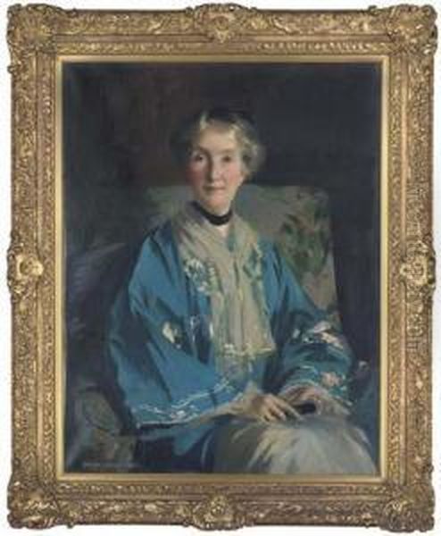 Portrait Of Mrs Agnes Innes, Nee
 Barlow, Seatedthree-quarter-length, In A Blue Embroidered Kimono, 
Holding Afan - view 1