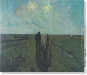 Farmer Withcow On The Country Road At Moonlight. by Frans Hens