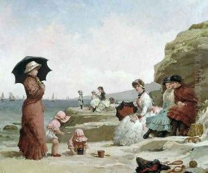Seascape, Figures on a Beach, c.1870 by V. Chavigny