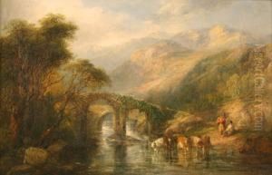 Mountainous Landscape With Cattle Watering By Figures Resting Near Bridges