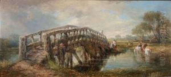 A Figure Resting On A Bridge With Cattle Watering Inthe Background - view 1