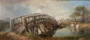 A Figure Resting On A Bridge With Cattle Watering Inthe Background by Frederick Henry Henshaw