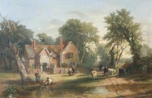 Packington, Warwickshire,
Figures And Cattle Before A Red Brick House, A Stream To The Fore by Frederick Henry Henshaw