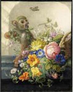 Still Life With A Monkey And A Basket Of Flowers On A Stone Ledge by Herman Henstenburgh