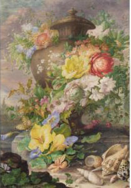 An Urn, Garlanded With Flowers, On A Terrace, With Shells In The Foreground - view 1