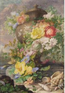 An Urn, Garlanded With Flowers, On A Terrace, With Shells In The Foreground by Herman Henstenburgh