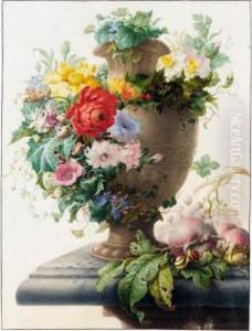 An Urn Garlanded With Flowers,
And Peaches, Grapes, Hazelnuts And Various Insects And Snails On A Stone
Ledge by Herman Henstenburgh