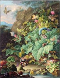 Thistles, Daisies And Mushrooms
By A Pond With A Snake, A Lizard, A Frog And Various Insects by Herman Henstenburgh