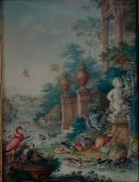 Heron, Flamand Rose, Cygnes Et Canards Pres D""une Fontaine Au Triton - view 1