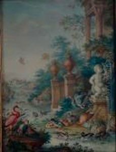 Heron, Flamand Rose, Cygnes Et Canards Pres D""une Fontaine Au Triton