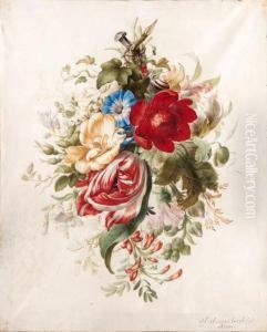 A Spray Of Flowers, Including A
Tulip, Roses, Poppies, Morningglory, A Hollyhock And Ivy Attached To A
Nail, With A Snail Andants A Spray Of Flowers, Including A
Tulip, Roses, Poppies, Morningglory, A Hollyhock And Ivy Attached To A
Nail, With A Snail Andants