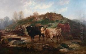 Highland Cattle At A Stream by Wilson Hepple