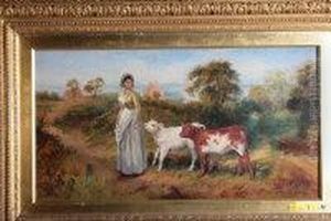 A Farm Girl And Two Calves On A Path Overlooking The Yorkshirecoast
