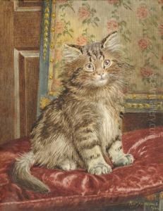 Kitten Seated Upon A Red Velvet Cushion by Wilson Hepple