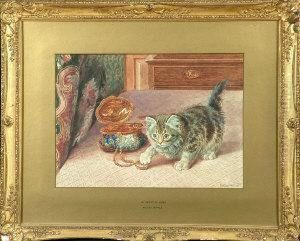 "in A Playful Mood" - A Kitten Examining A Gold Pendant Necklace by Wilson Hepple