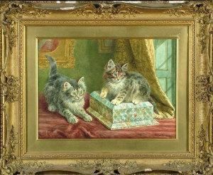 Two Kittens Playing With A Mother-of-pearl Jewellery-box by Wilson Hepple