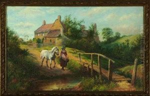 A Farm Girl Leading A Pony Across A River Ford