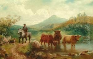 Highland Cattle In A Mountainous
Landscape; A Mounted Traveller And His Dog Passing Through Highlands by Wilson Hepple