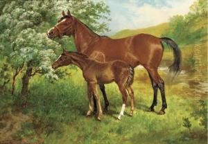 A Mare And Foal In An Orchard