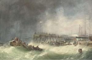 Local Craft Salvaging Wreckage
Offshore At Great Yarmouth, Withtownspeople On The Beach Recovering
Barrels As Bystanders Watchfrom The Pier by Alfred Herbert