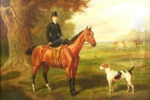 A Huntswoman Sittingsidesaddle By A Hound, The Hunt In The Distance by Edward Benjamin Herberte
