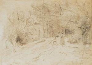 3 Bleistiftzeichnungen Mit Landschafts, Figuren- Und Tiermotiven