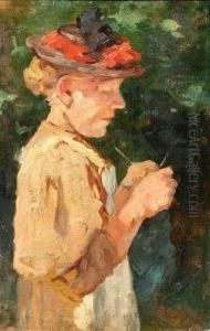 Portrait Of Woman Knitting by Thomas Ludwig Herbst