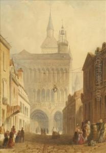 Continentaltown Scenes, One With
 Figures Approaching A Cathedral; The Otherwith Figures And Boats A Pair